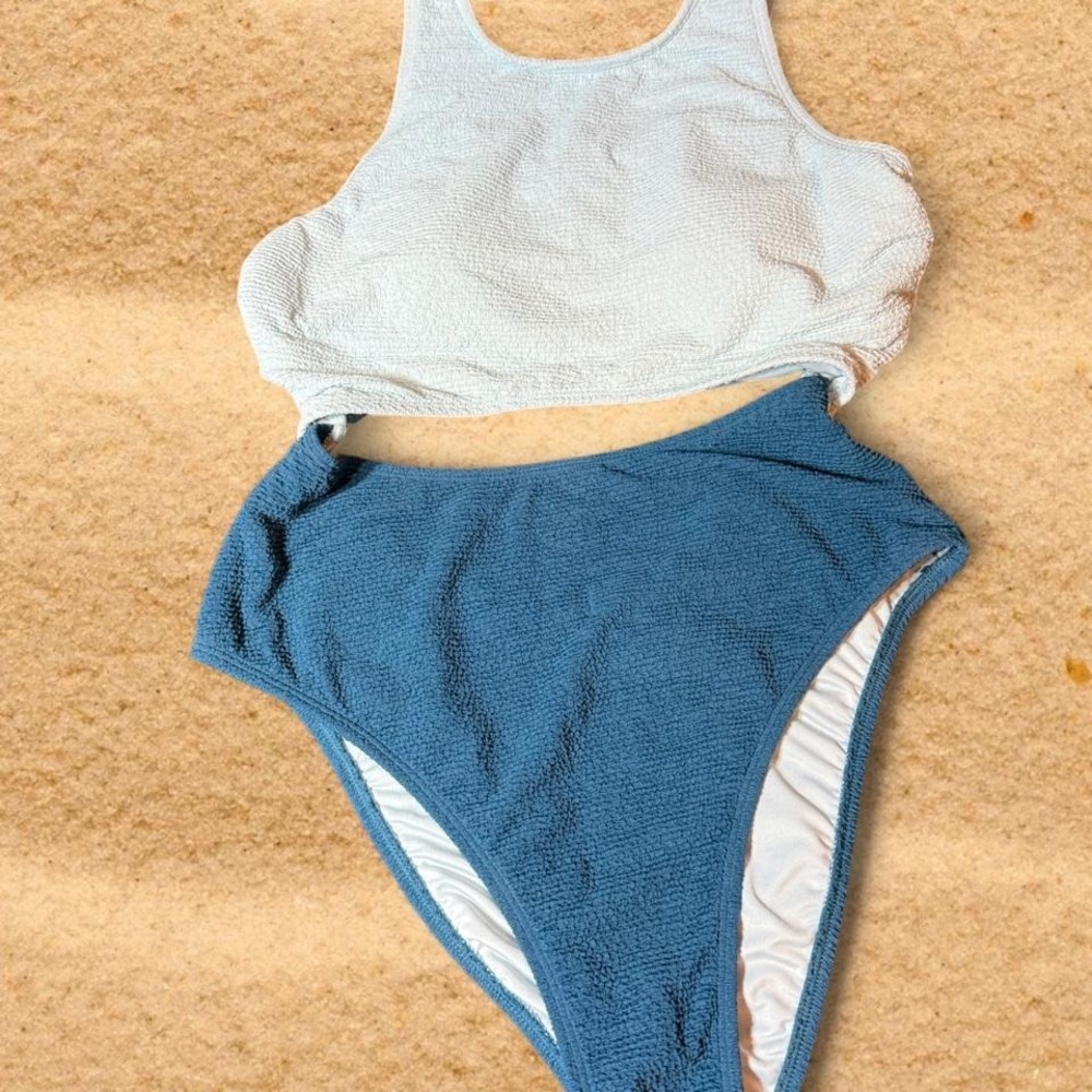 Textured Crinkle High Neck High Waisted Bikini Set Light Blue Slate Blue